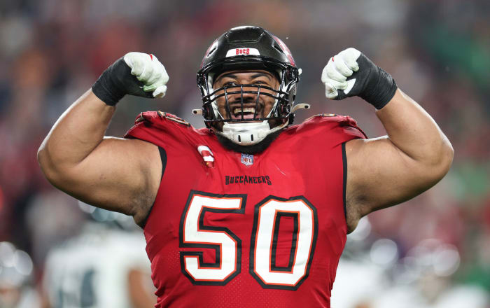 Jan 15, 2024; Tampa, Florida, USA; Tampa Bay Buccaneers defensive tackle Vita Vea (50) reacts after a play against the Philadelphia Eagles during the second half of a 2024 NFC wild card game at Raymond James Stadium. Mandatory Credit: Nathan Ray Seebeck-USA TODAY Sports